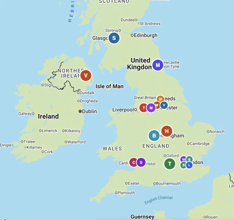 A map of a portfolio with a marker on each centre